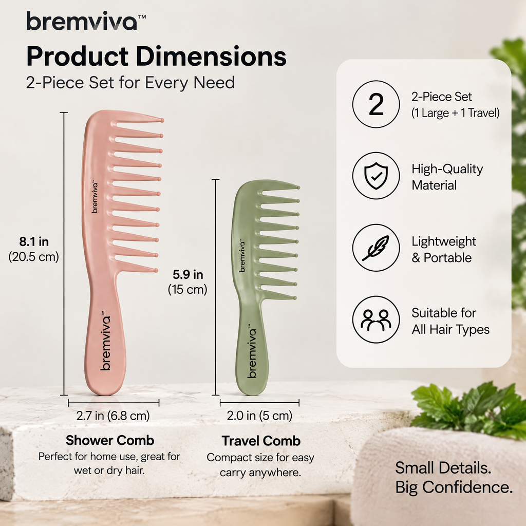 bremviva™ Wide-Tooth Detangling Comb Set, 2-Piece Shower & Travel Hair Combs with Rounded Teeth