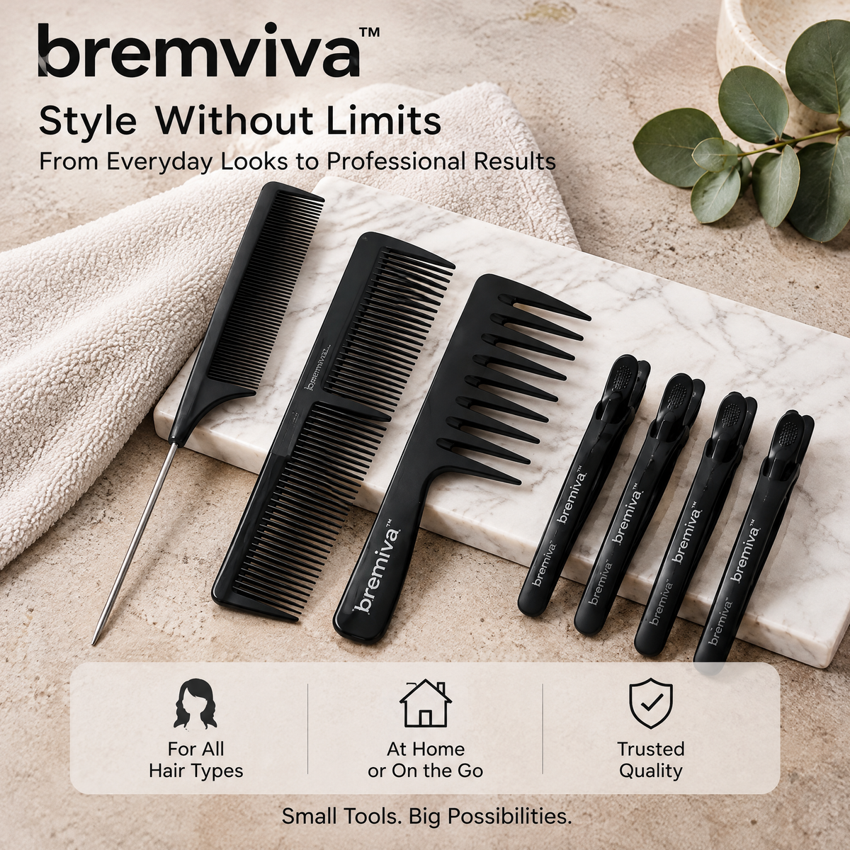 bremviva™ Sectioning & Styling Comb Kit, Tail Comb, Dual-Tooth Comb, Lift Comb & Hair Clips