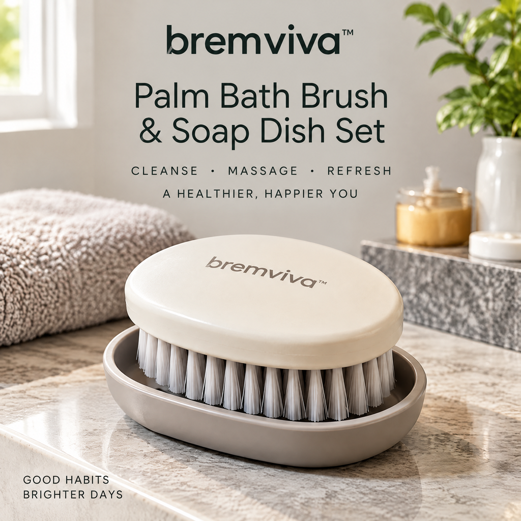 bremviva™ Palm Bath Brush & Soap Dish Set, Nylon Bristle Body Brush with Drainage Tray