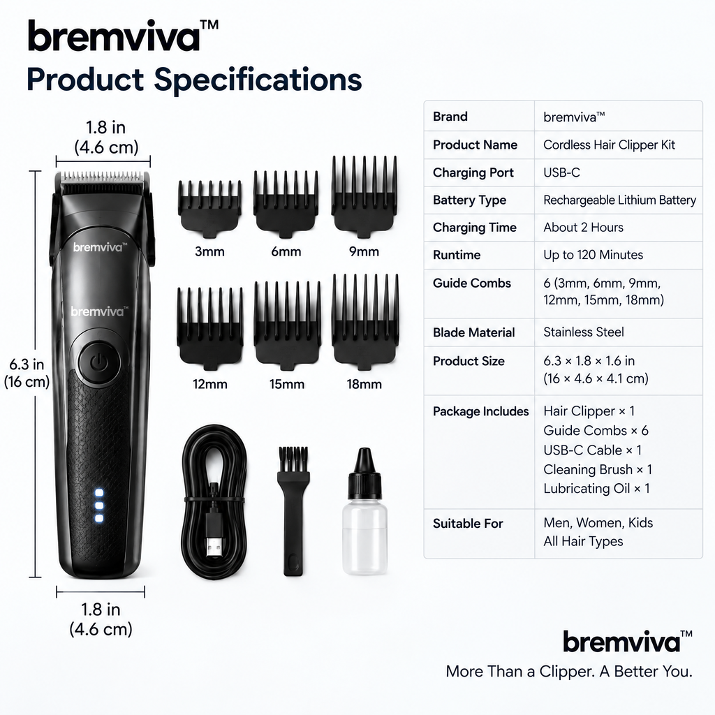 bremviva™ Cordless Hair Clipper Kit, Rechargeable Grooming Tool with USB-C Charging & 6 Guide Combs