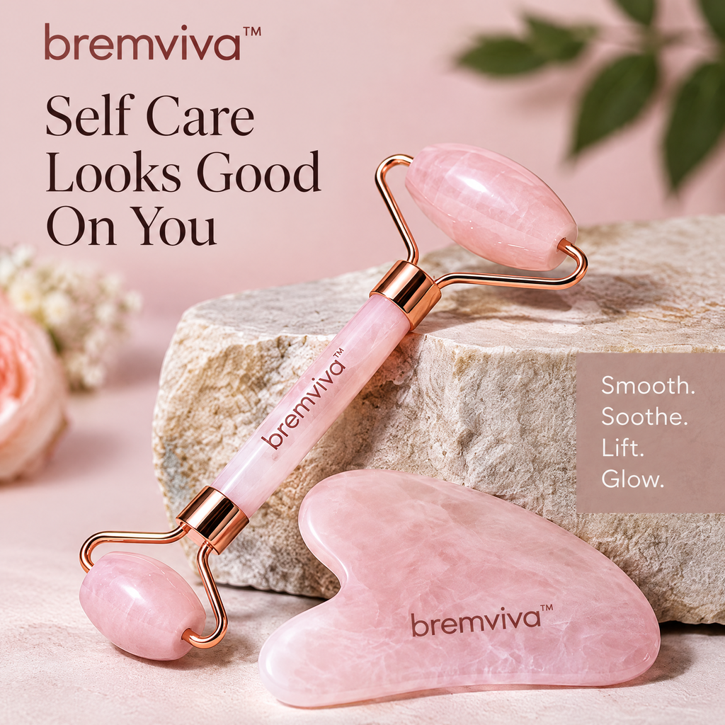 bremviva™ Rose Quartz Facial Roller & Gua Sha Set, Dual-Ended Massage Roller with Contoured Stone Tool
