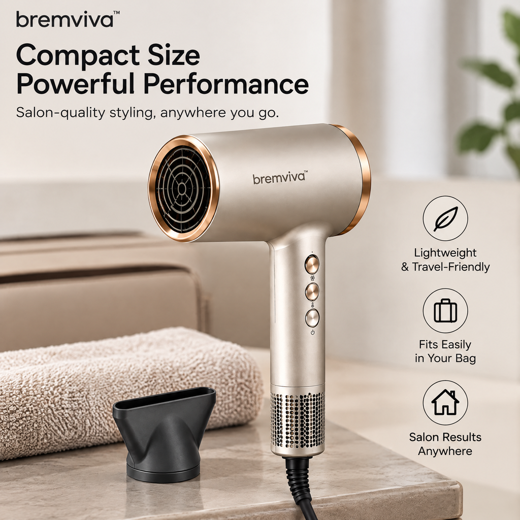 bremviva™ 1500W Compact Hair Dryer, Digital Heat Controls, 3 Air Speeds & Magnetic Concentrator