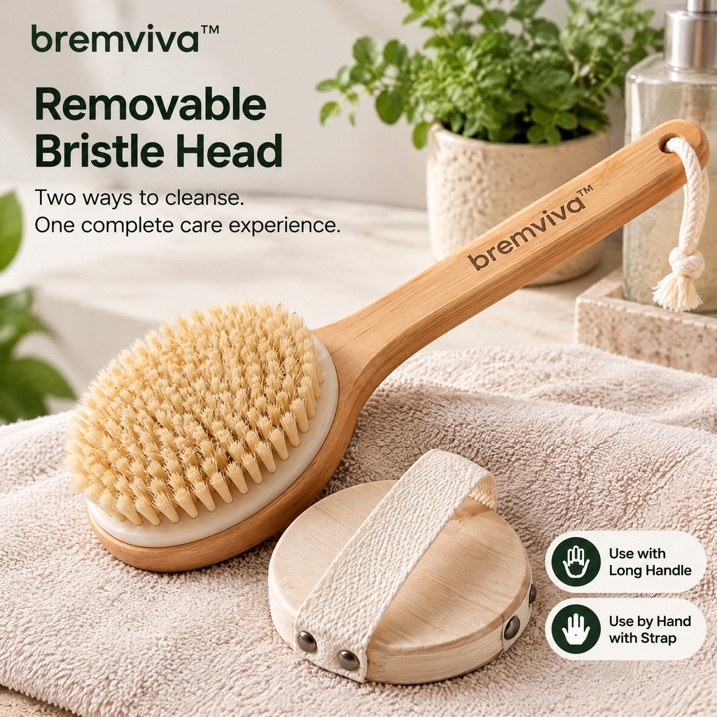 bremviva™ Long-Handle Bath Brush, Removable Bristle Head with Hand Strap for Shower & Body Cleansing