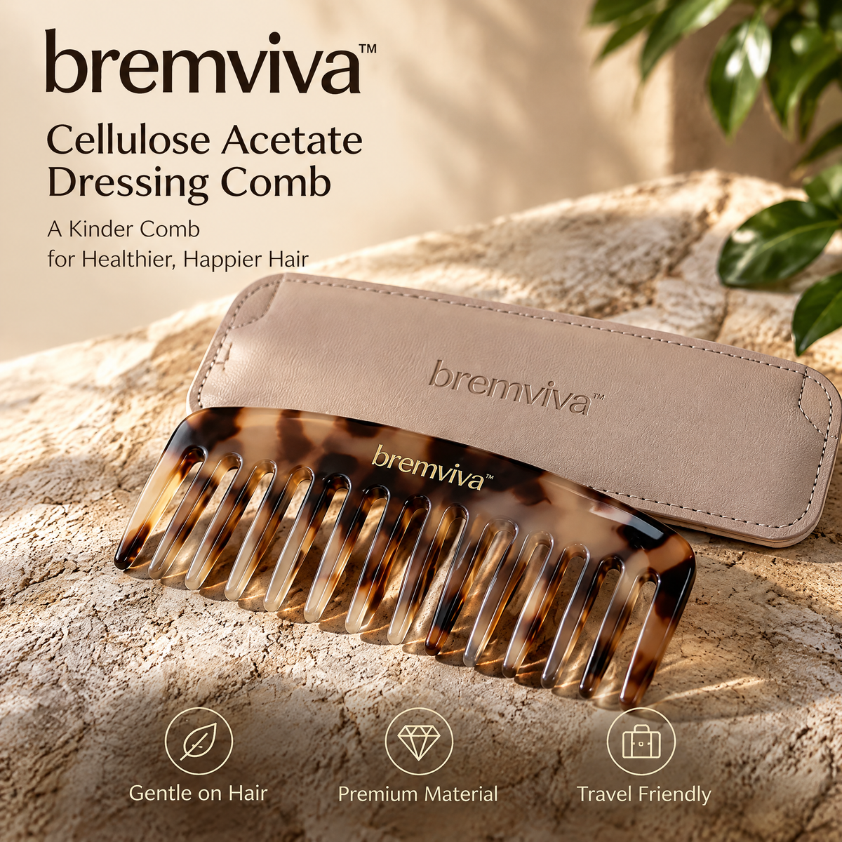 bremviva™ Cellulose Acetate Dressing Comb, Rounded Wide Teeth with Protective Travel Sleeve