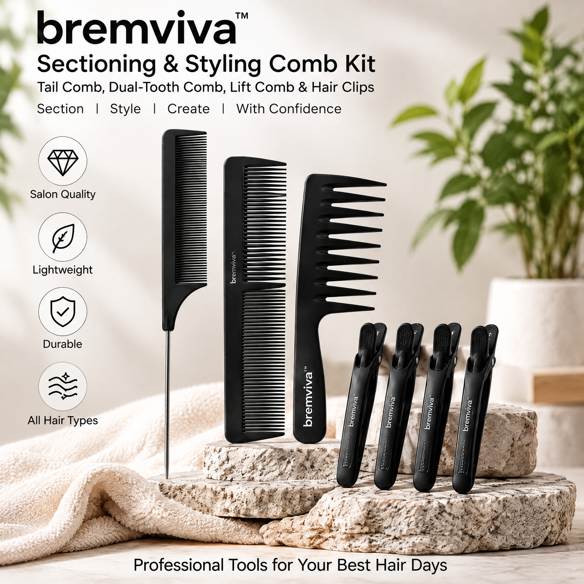bremviva™ Sectioning & Styling Comb Kit, Tail Comb, Dual-Tooth Comb, Lift Comb & Hair Clips