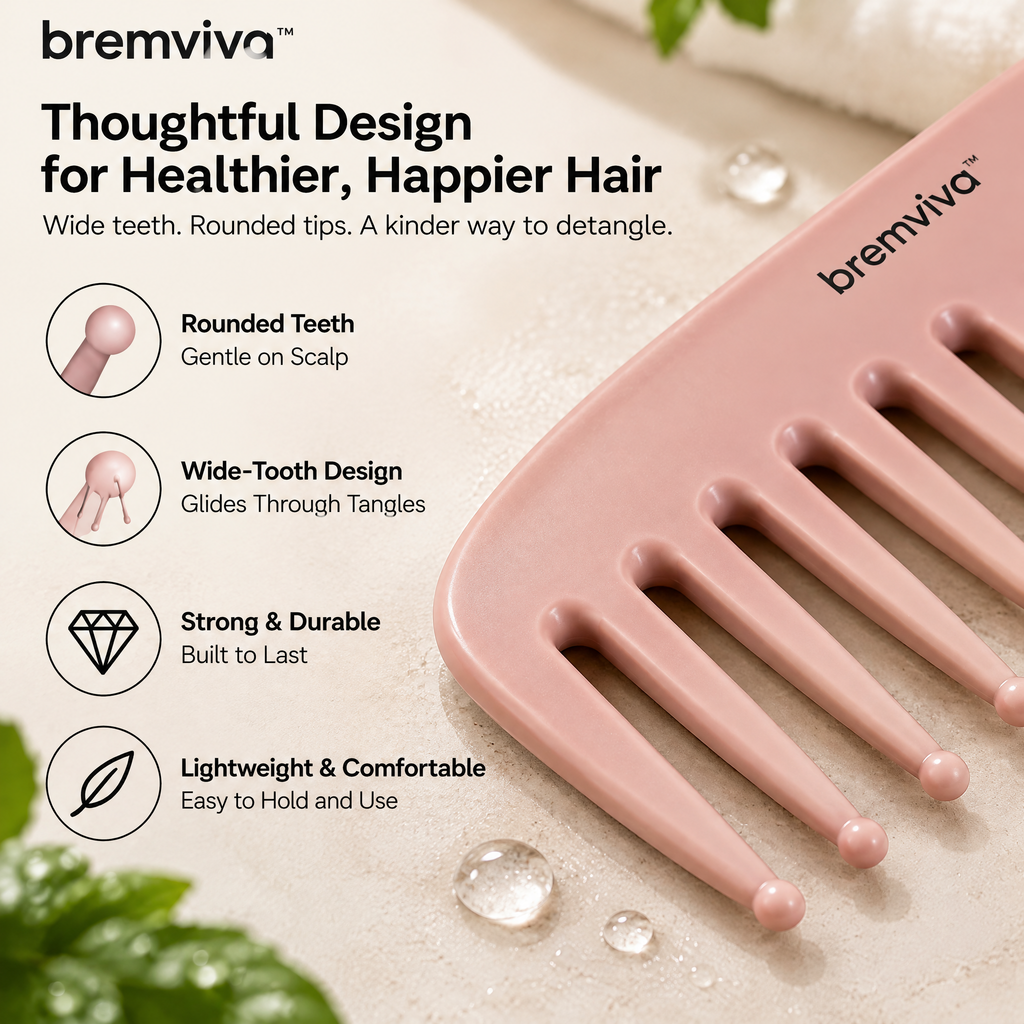 bremviva™ Wide-Tooth Detangling Comb Set, 2-Piece Shower & Travel Hair Combs with Rounded Teeth