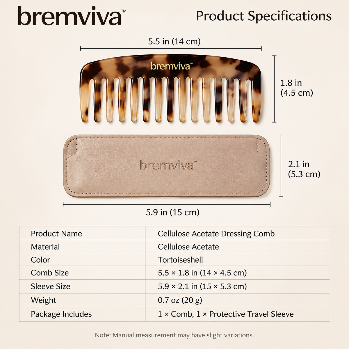bremviva™ Cellulose Acetate Dressing Comb, Rounded Wide Teeth with Protective Travel Sleeve