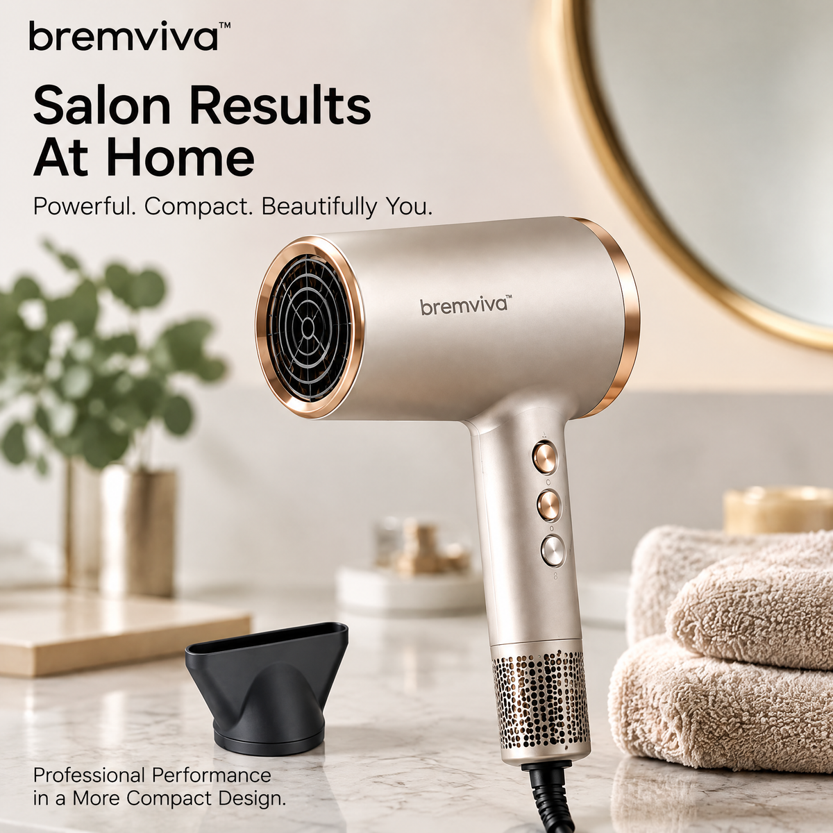 bremviva™ 1500W Compact Hair Dryer, Digital Heat Controls, 3 Air Speeds & Magnetic Concentrator