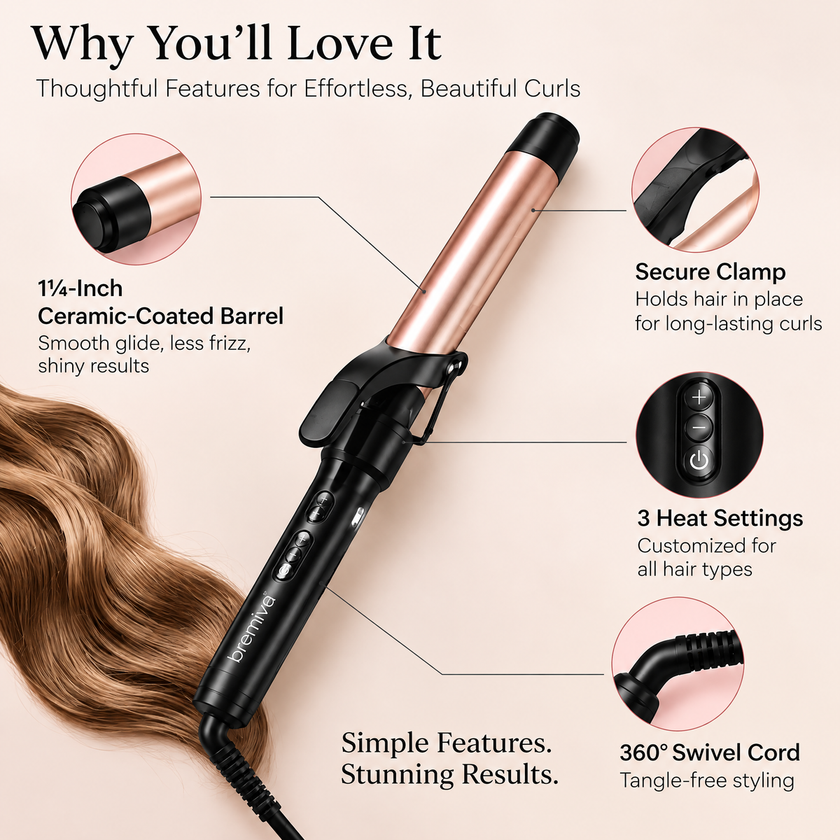 bremviva™ 1¼-Inch Curling Iron, Ceramic-Coated Barrel with 3 Heat Settings, Clamp & Travel Pouch