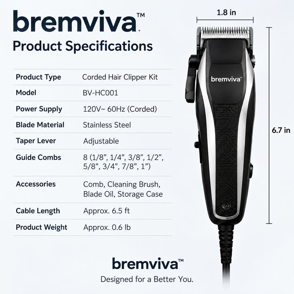 bremviva™ Corded Hair Clipper Kit, Adjustable Taper Lever with 8 Guide Combs & Storage Case