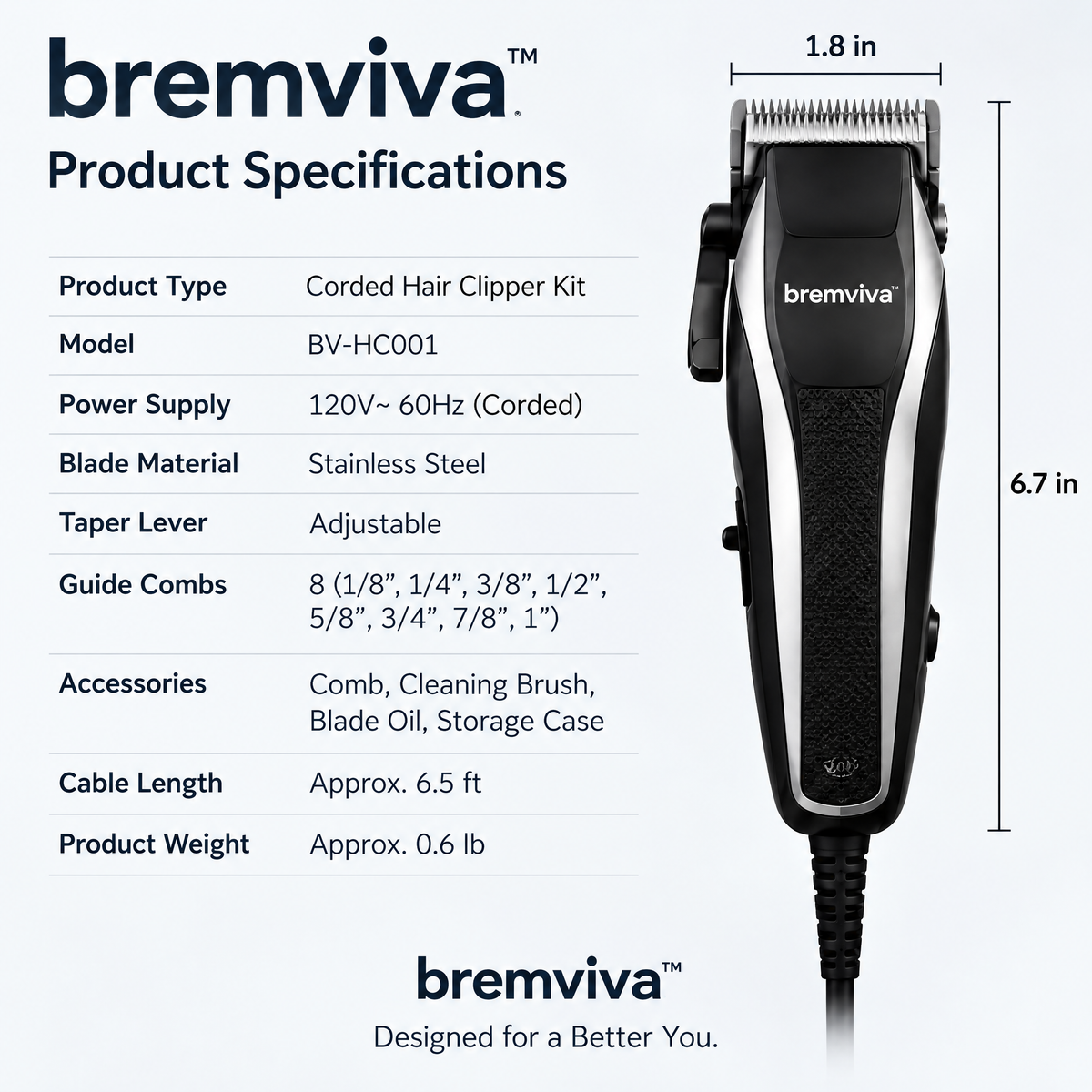 bremviva™ Corded Hair Clipper Kit, Adjustable Taper Lever with 8 Guide Combs & Storage Case