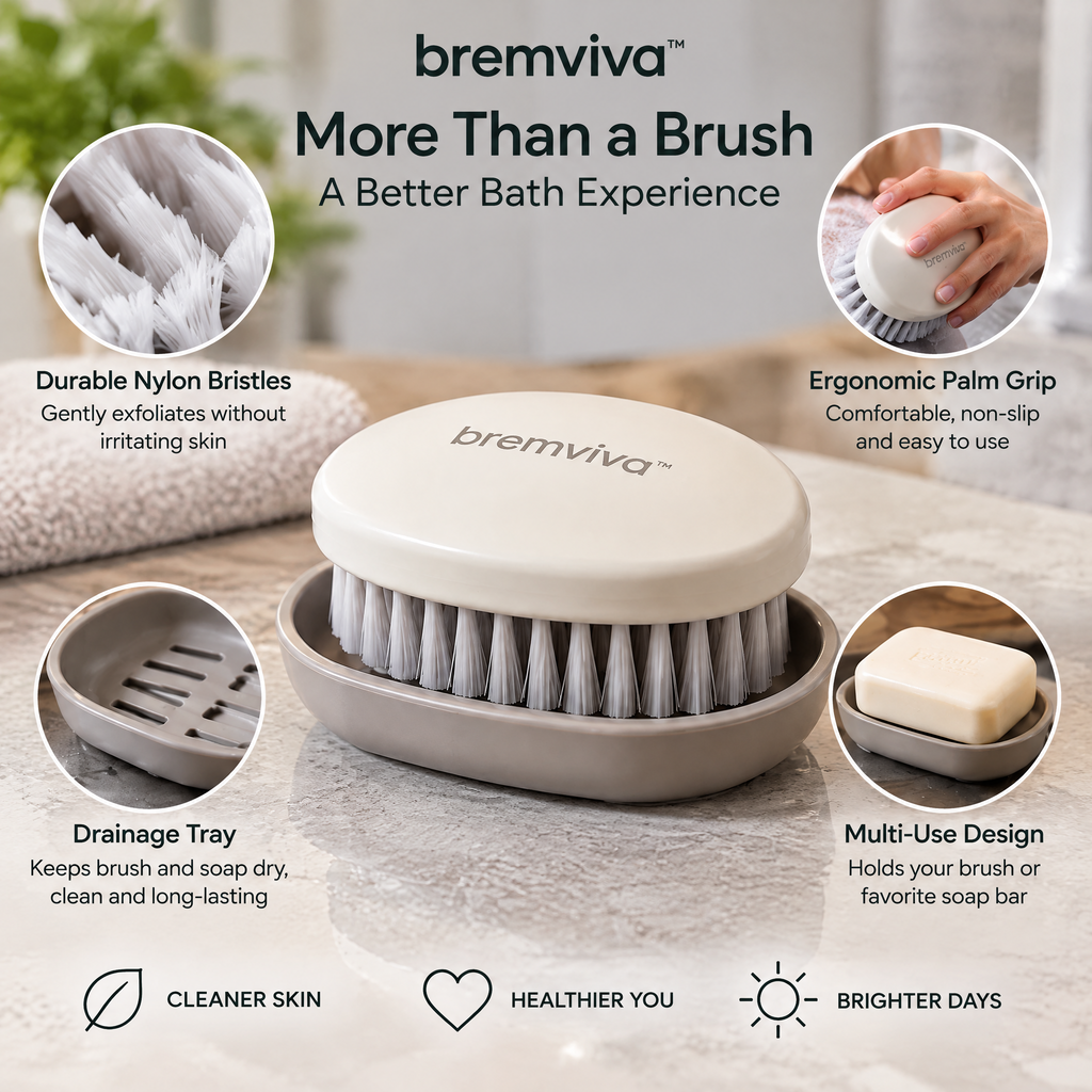 bremviva™ Palm Bath Brush & Soap Dish Set, Nylon Bristle Body Brush with Drainage Tray