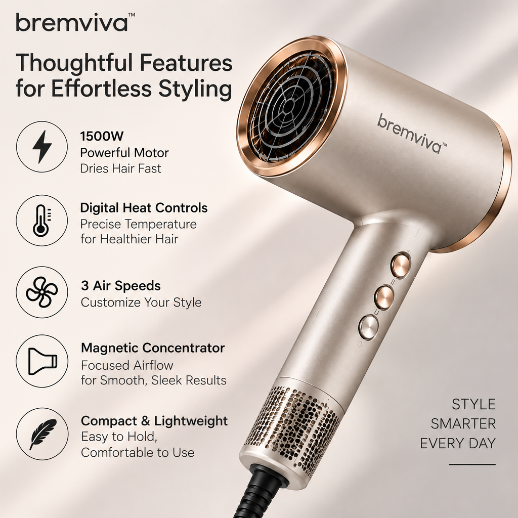 bremviva™ 1500W Compact Hair Dryer, Digital Heat Controls, 3 Air Speeds & Magnetic Concentrator